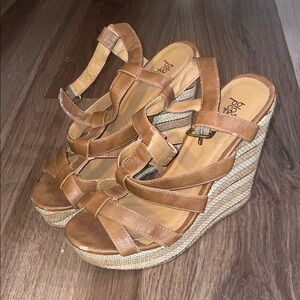 Tan Wedge Sandals with Braided Detail
